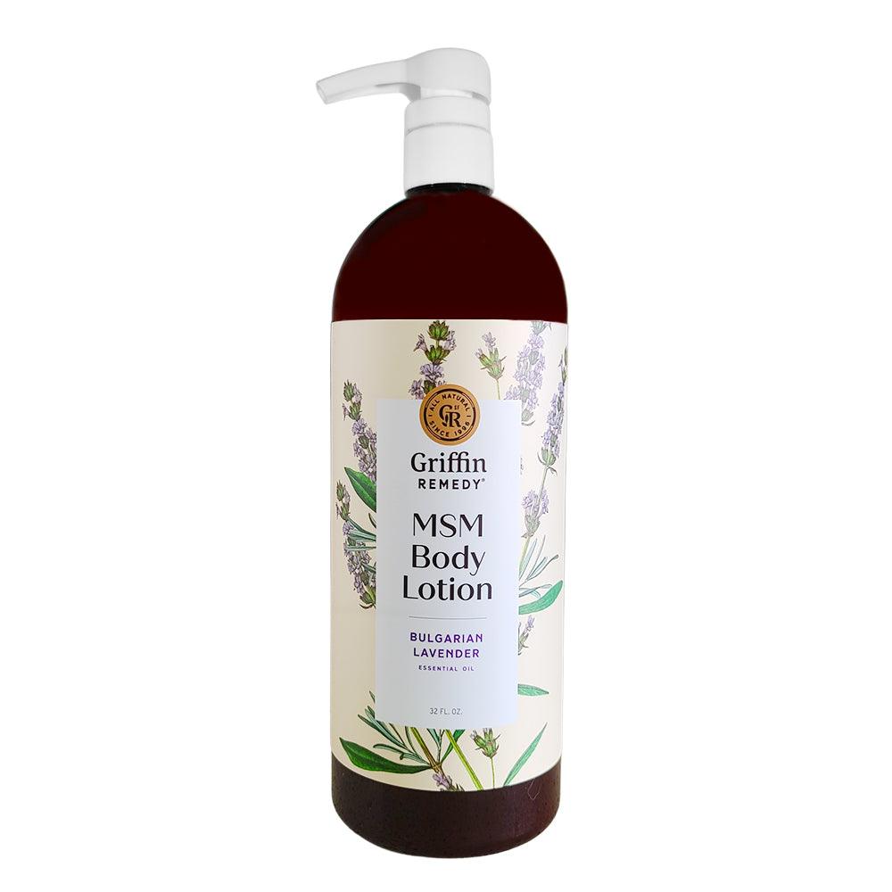 A bottle of Griffin Remedy MSM Body Lotion with Bulgarian Lavender. Natural skincare.