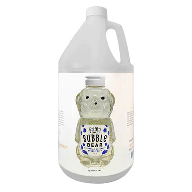 A gallon-sized bottle of 'Bubble Bear' brand bubble bath liquid with a design in the shape of a bear on the label. Natural skincare.