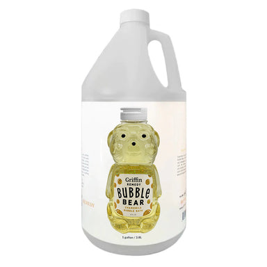 A gallon-sized bottle of 'Chamomile Bubble Bear' bath bubble from Griffin Remedy with a label featuring a teddy bear design. Natural skincare.