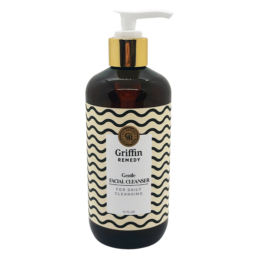 A pump bottle of Griffin Remedy Gentle Facial Cleanser with a black and white geometric design on the label. Natural skincare.