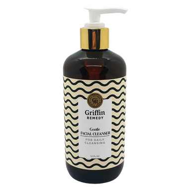 A pump bottle of Griffin Remedy Gentle Facial Cleanser with a black and white geometric design on the label. Natural skincare.