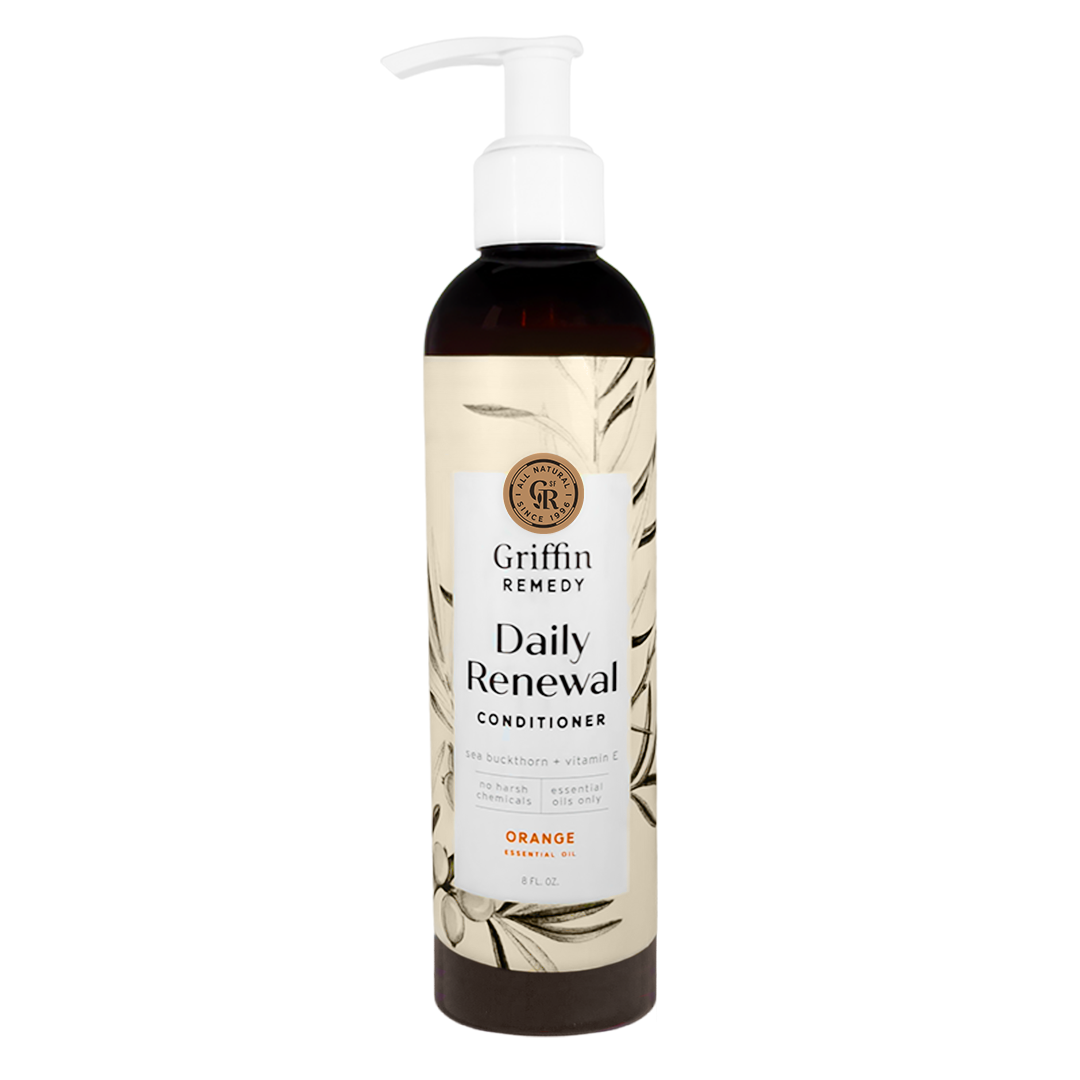 A pump bottle of Griffin Remedy Daily Renewal Conditioner with Sea Buckthorn & Orange scented, light conditioner for all hair types. Natural hair care.