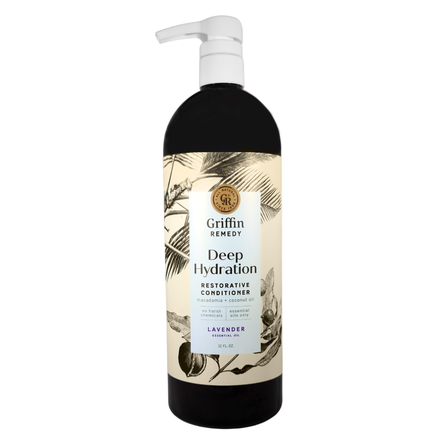 A pump bottle of Griffin Remedy Deep Hydration Restorative Conditioner with Shea Butter and Macadamia Nut Oil. Natural hair care.