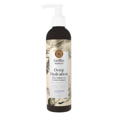 A pump bottle of Griffin Remedy Deep Hydration Restorative Conditioner with Shea Butter and Macadamia Nut Oil. Natural hair care.