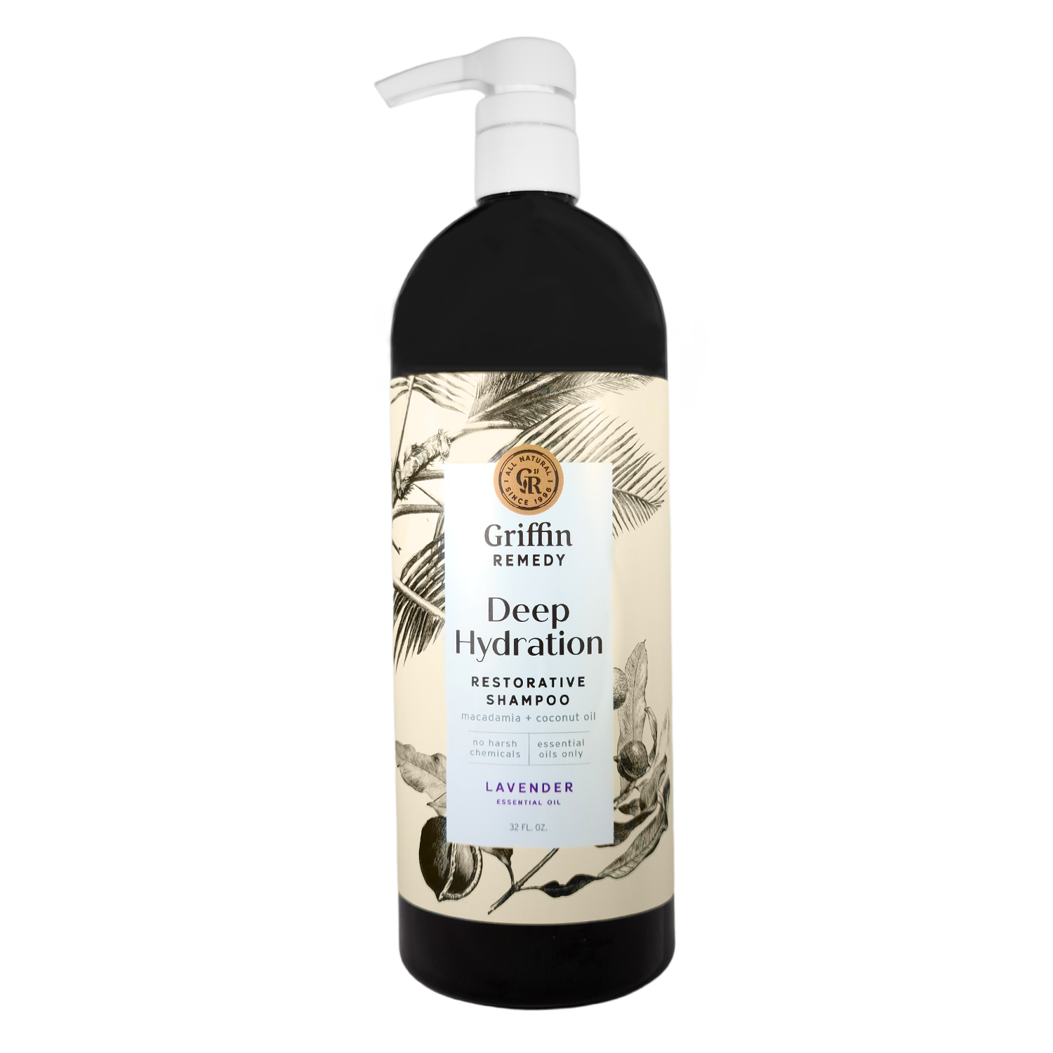 A bottle of Griffin Remedy Deep Hydration Restorative Shampoo with a label featuring botanical illustrations and text indicating the product name and type, lavender-scented. Natural hair care.