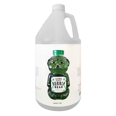 A white gallon-sized bottle with a label featuring an illustration of a teddy bear and the text 'Griffins Bubble Bear'. Natural skincare.