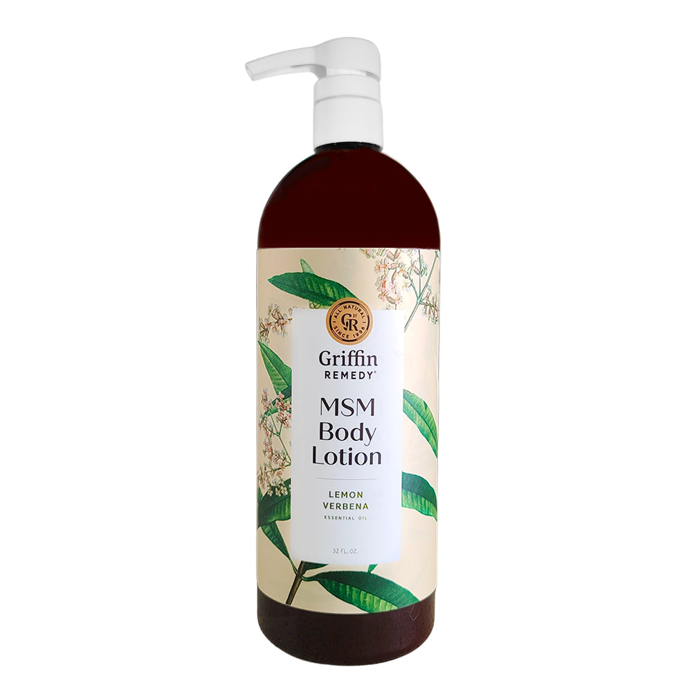 A pump bottle of Griffin Remedy MSM Body Lotion with Lemon Verbena scent, featuring botanical illustrations on the label. Natural skincare.