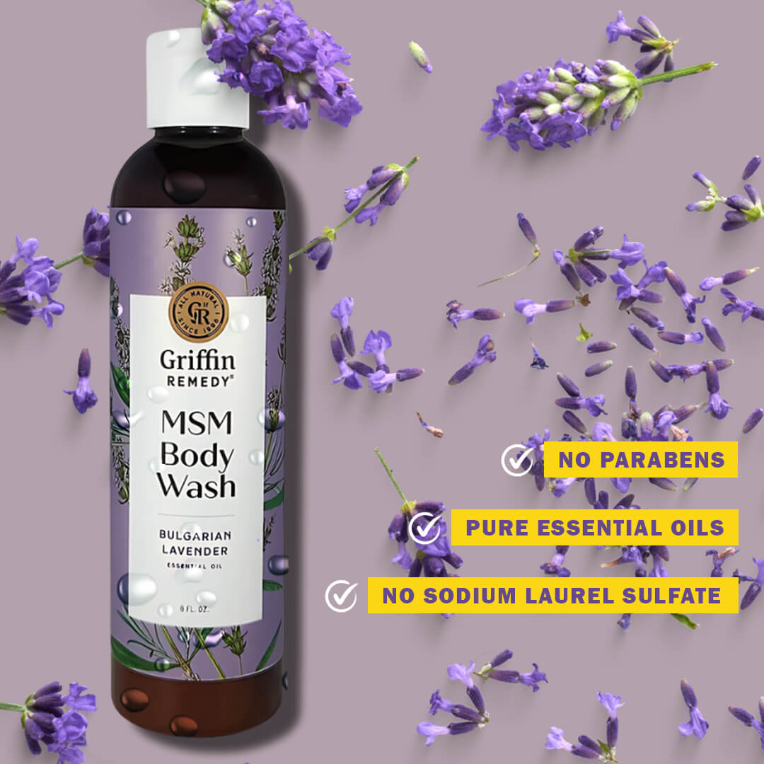 A photo describing MSM Body Wash ingredients. Natural skincare.