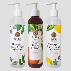 Bottles of Griffin Remedy natural MSM body lotion and Omega-3 body lotion.