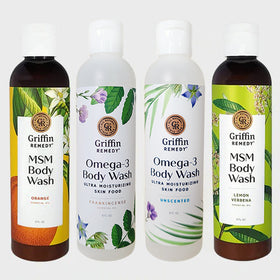 Bottles of Griffin Remedy natural MSM body wash and natural Omega-3 body wash.