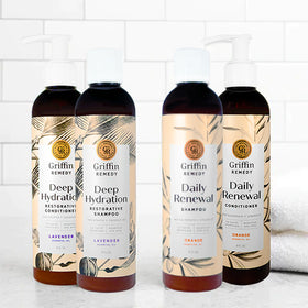 Bottles of Griffin Remedy natural shampoo and conditioner.