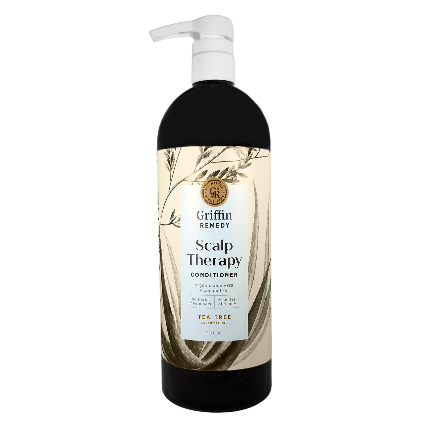 A pump bottle of Griffin Remedy Scalp Therapy Conditioner with Tea Tree scent, featuring a label with botanical illustrations. Natural hair care.