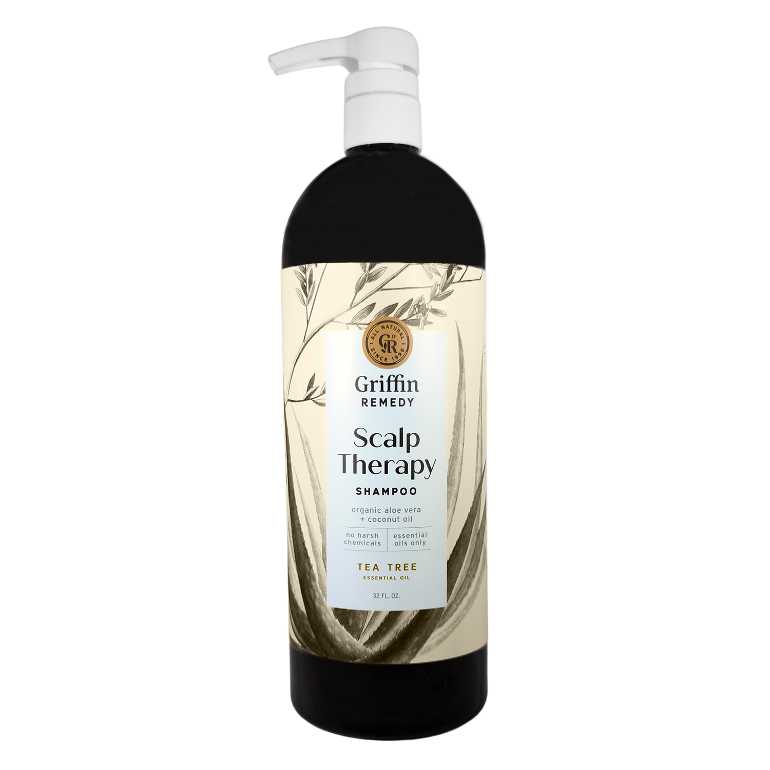 A bottle of Griffin Remedy Scalp Therapy Shampoo with a beige label featuring botanical illustrations. Natural hair care.