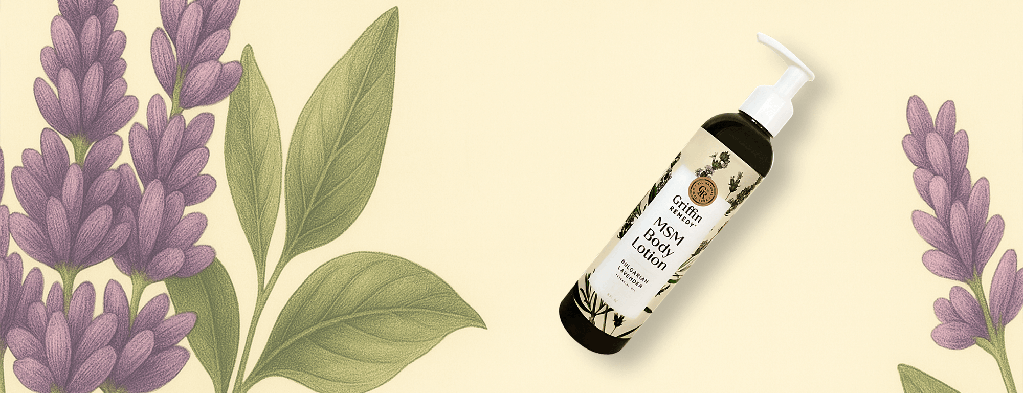 Bottle of lotion with lavender and leaves on a beige background