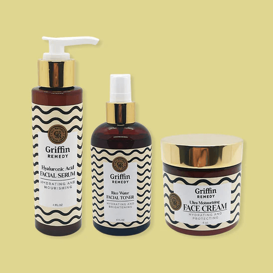 Three skincare products from Griffin Remedy on a yellow background