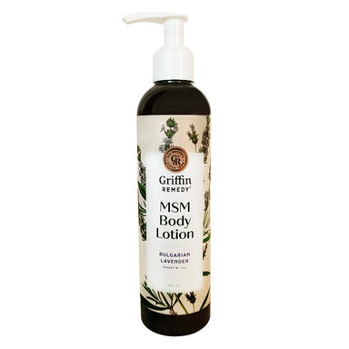 A bottle of Griffin Remedy MSM Body Lotion with Bulgarian Lavender. Natural skincare.