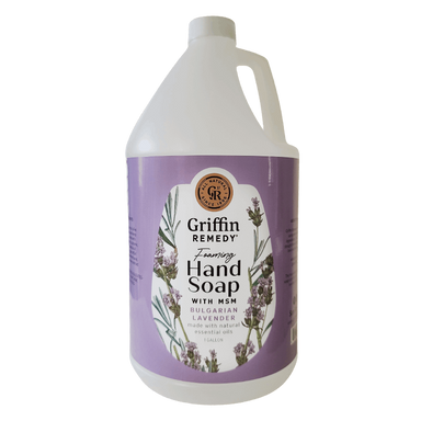 A gallon-sized bottle of Griffin Remedy Foaming Hand Soap with Bulgarian Lavender. The bottle is white with a lavender label featuring images of lavender plants. Natural soap.