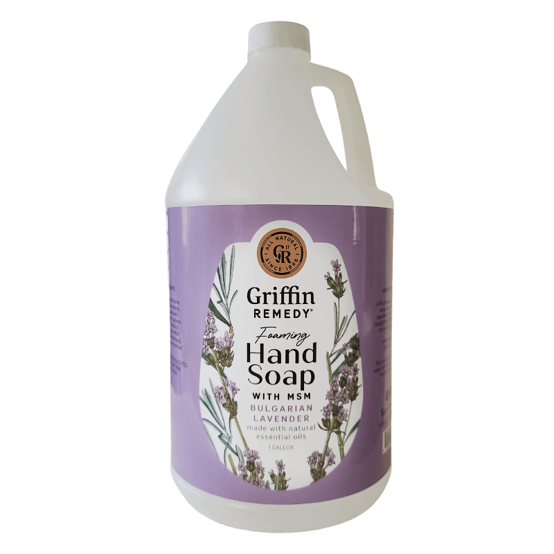A gallon-sized bottle of Griffin Remedy Foaming Hand Soap with Bulgarian Lavender. The bottle is white with a lavender label featuring images of lavender plants. Natural soap.