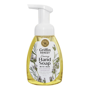 A pump bottle of Griffin Remedy Foaming Hand Soap with Bulgarian Lavender. The label shows the brand name and the type of soap, along with an image of lavender plants. Natural soap.