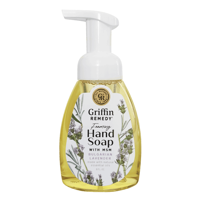 A pump bottle of Griffin Remedy Foaming Hand Soap with Bulgarian Lavender. The label shows the brand name and the type of soap, along with an image of lavender plants. Natural soap.