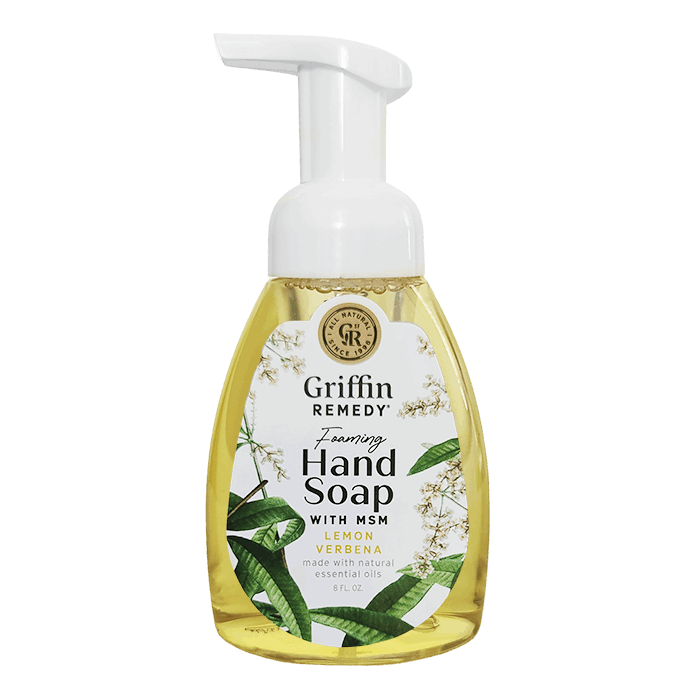 A pump bottle of Griffin Remedy foaming hand soap with lemon verbena fragrance. Natural soap.
