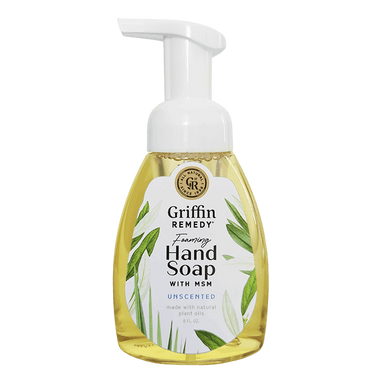A pump bottle of Griffin Remedy Foaming Hand Soap with MSM, Unscented. Natural soap.