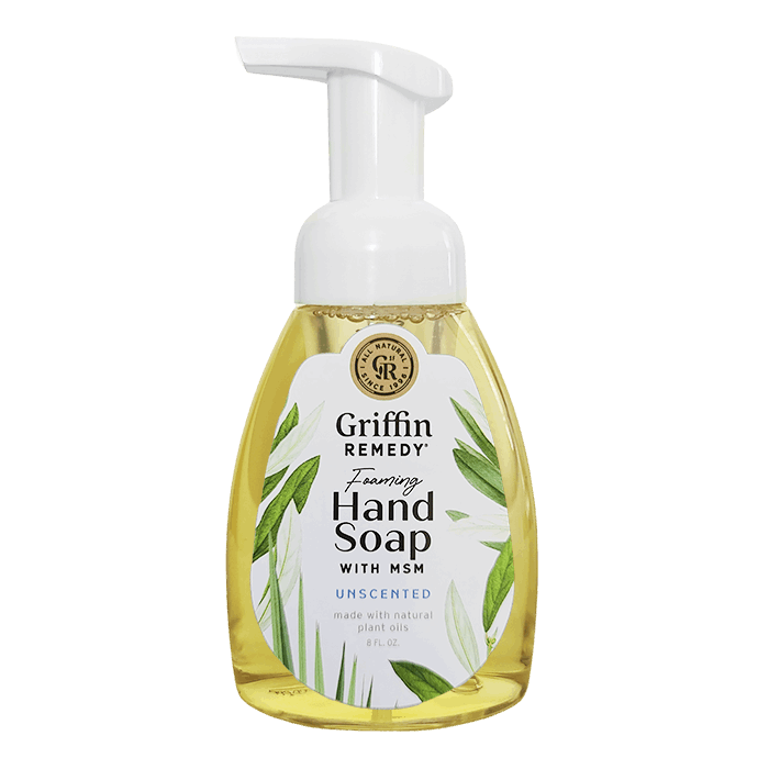 A pump bottle of Griffin Remedy Foaming Hand Soap with MSM, Unscented. Natural soap.