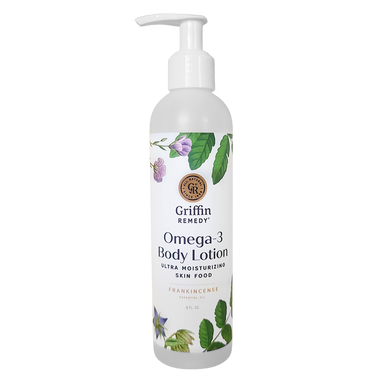 A pump bottle of Griffin Remedy Omega-3 Body Lotion with a label featuring botanical illustrations. Natural skincare.