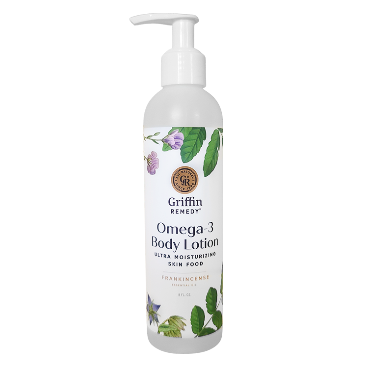 A pump bottle of Griffin Remedy Omega-3 Body Lotion with a label featuring botanical illustrations. Natural skincare.