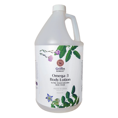 A gallon-sized bottle of Griffin Remedy Omega-3 Body Lotion with a label featuring botanical illustrations. Natural skincare.