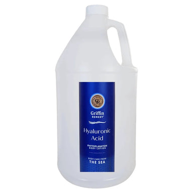 A gallon-sized container of Griffin Remedy Hyaluronic Acid Phytoplankton Body Lotion with a blue label. Natural skincare.
