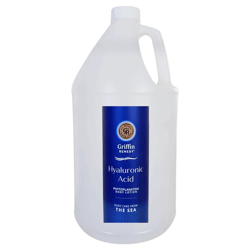 A gallon-sized container of Griffin Remedy Hyaluronic Acid Phytoplankton Body Lotion with a blue label. Natural skincare.