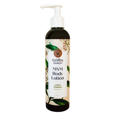 A pump bottle of Griffin Remedy MSM Body Lotion with Lemon Verbena scent, featuring botanical illustrations on the label. Natural skincare.