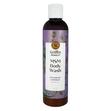 A bottle of Griffin Remedy MSM Body Wash with Bulgarian Lavender, with a purple label featuring lavender illustrations. Natural skincare.
