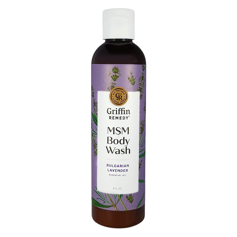 A bottle of Griffin Remedy MSM Body Wash with Bulgarian Lavender, with a purple label featuring lavender illustrations. Natural skincare.