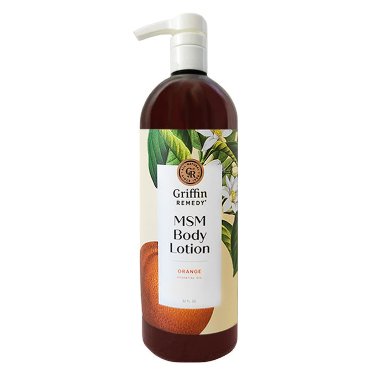 A pump bottle of Griffin Remedy MSM Body Lotion with Orange Blossom scent, featuring a label with orange flowers and product information. Natural skincare.