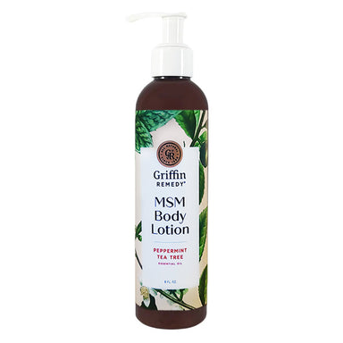 A pump bottle of Griffin Remedy MSM Body Lotion with Peppermint Tea Tree scent, featuring a label with green leafy designs. Natural skincare.