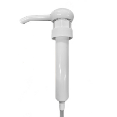 A white plastic pump designed for gallon bottles, with a tube attached to the base.