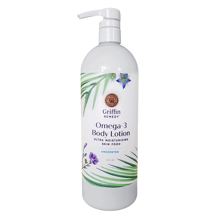 A pump bottle of Griffin Remedy Omega-3 Body Lotion with an unscented label and a floral design. Natural skincare.