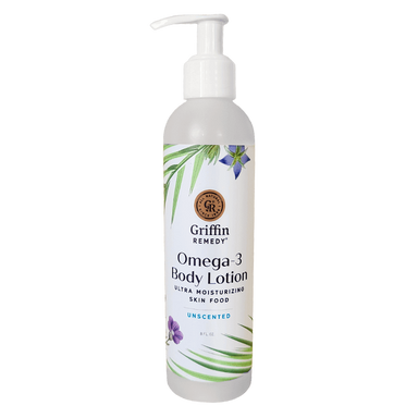 A pump bottle of Griffin Remedy Omega-3 Body Lotion with an unscented label and a floral design. Natural skincare.