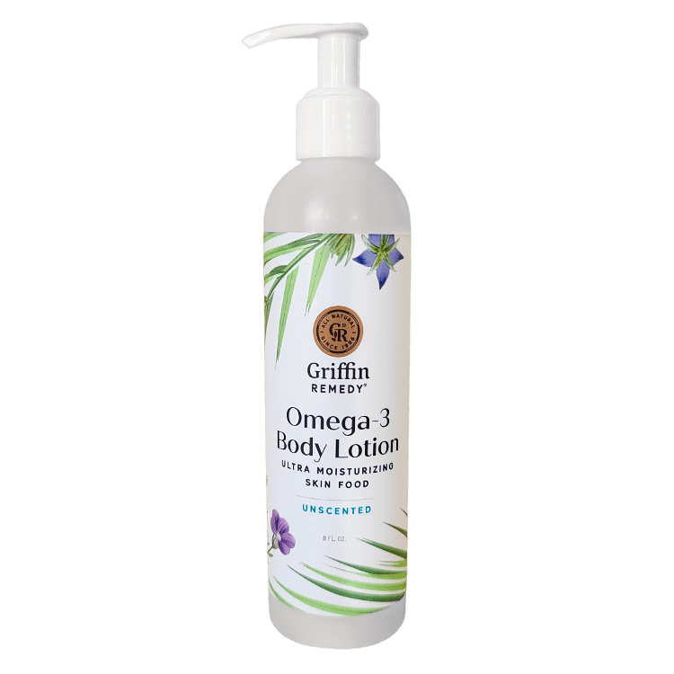 A pump bottle of Griffin Remedy Omega-3 Body Lotion with an unscented label and a floral design. Natural skincare.
