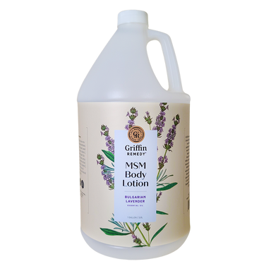 A gallon-sized bottle of Griffin Remedy MSM Body Lotion with Bulgarian Lavender. Natural skincare.