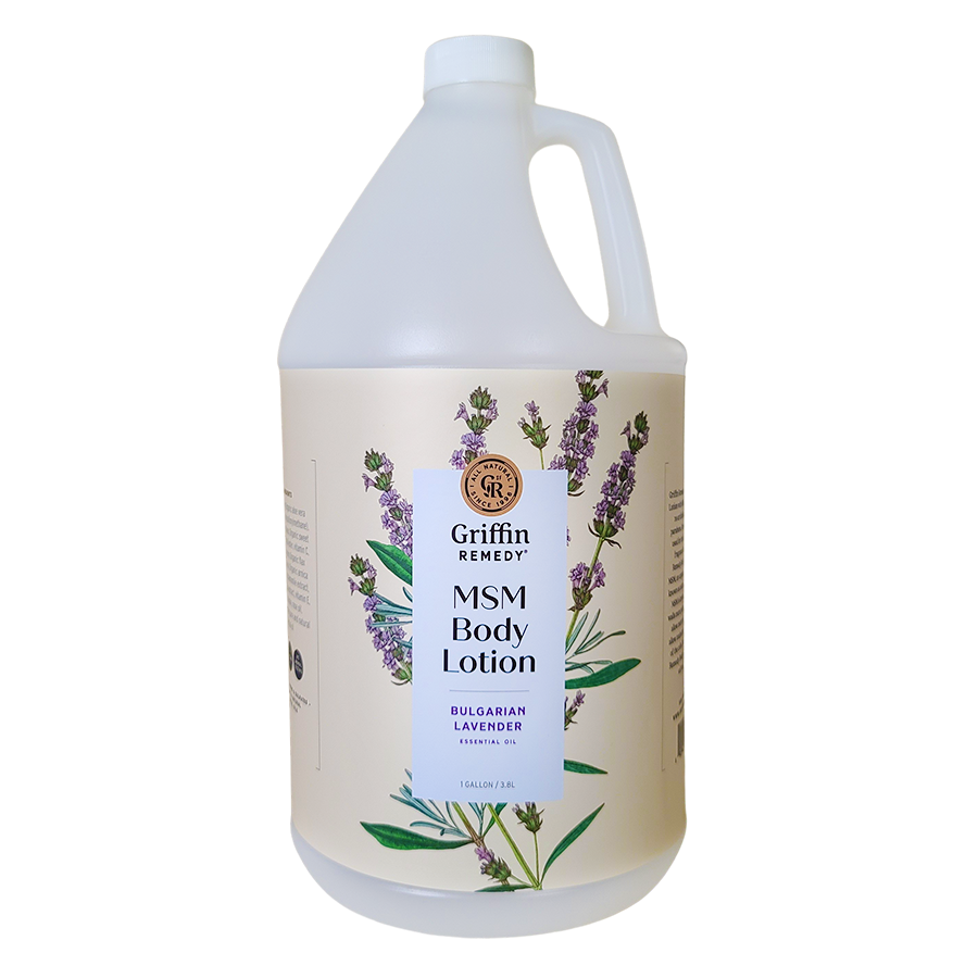 A gallon-sized bottle of Griffin Remedy MSM Body Lotion with Bulgarian Lavender. Natural skincare.