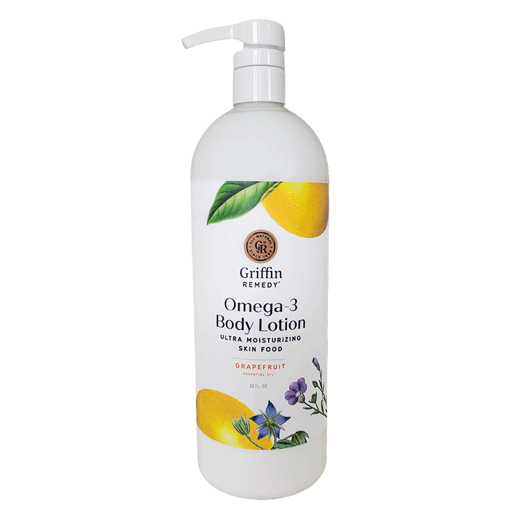 A pump bottle of Griffin Remedy Omega-3 Body Lotion with grapefruit body lotion. The label includes a image of a grapefruit and other botanicals. Natural skincare.