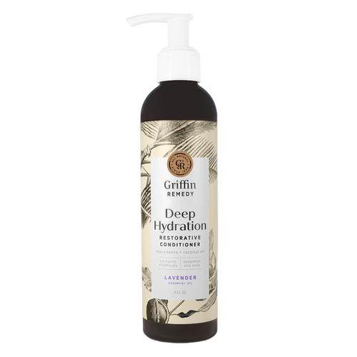 A pump bottle of Griffin Remedy Deep Hydration Restorative Conditioner with Shea Butter and Macadamia Nut Oil. Natural hair care.