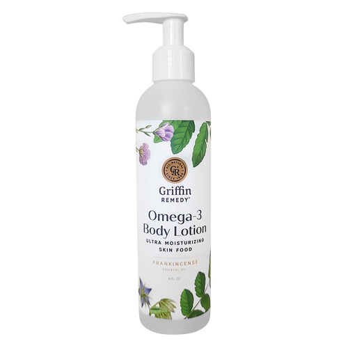 A pump bottle of Griffin Remedy Omega-3 Body Lotion with a label featuring botanical illustrations. Natural skincare.