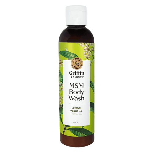 A bottle of Griffin Remedy MSM Body Wash with Lemon Verbena scent. The label shows the product name and an image of lemon verbena plants. Natural skincare.
