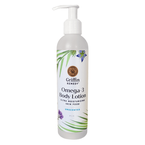 A pump bottle of Griffin Remedy Omega-3 Body Lotion with an unscented label and a floral design. Natural skincare.
